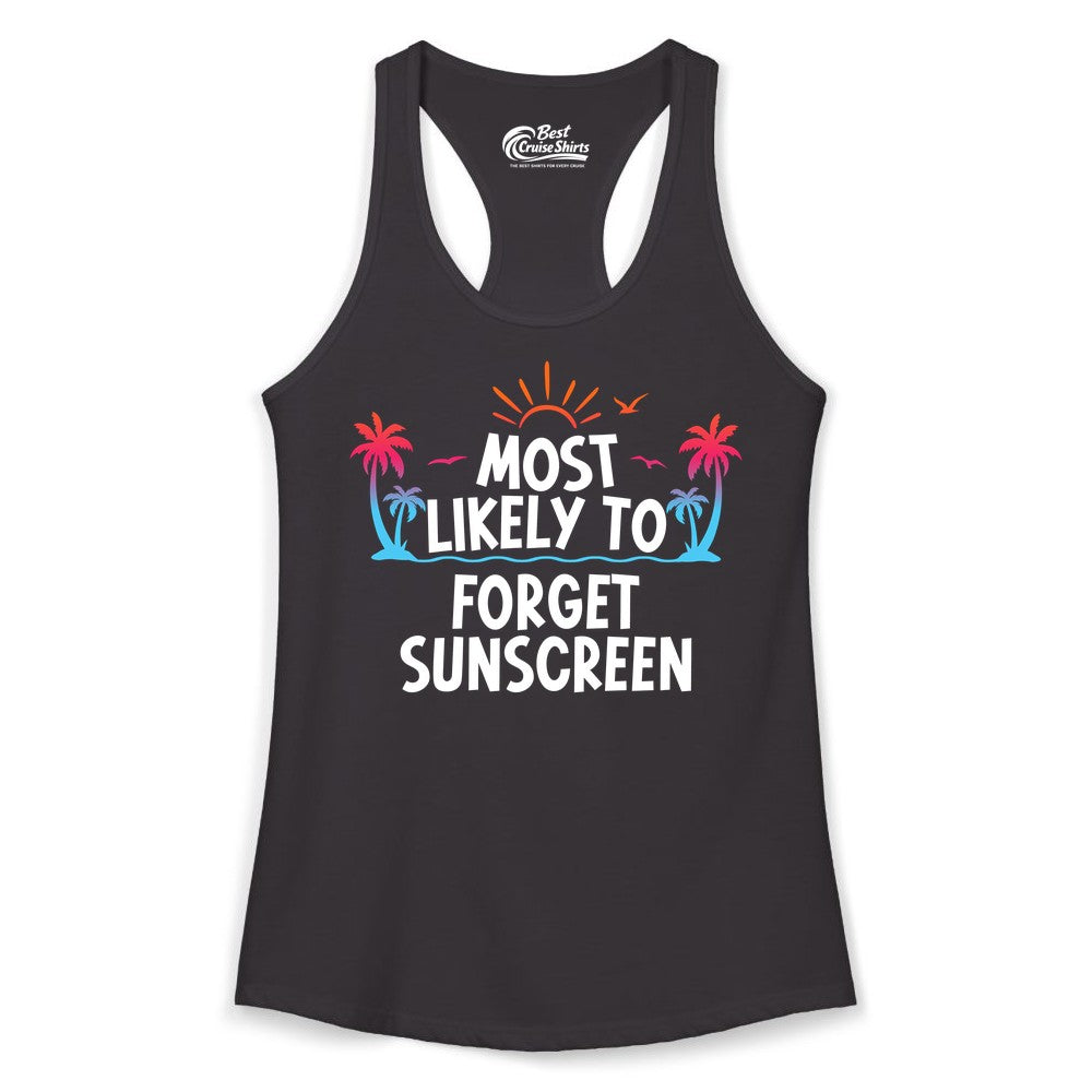 Most Likely to Forget Sunscreen Shirt - Funny Beach Vacation Tee (Ladies Tank) in Black - Most Likely To Forget Sunscreen Shirt - Funny Tropical Beach Sunset Tee