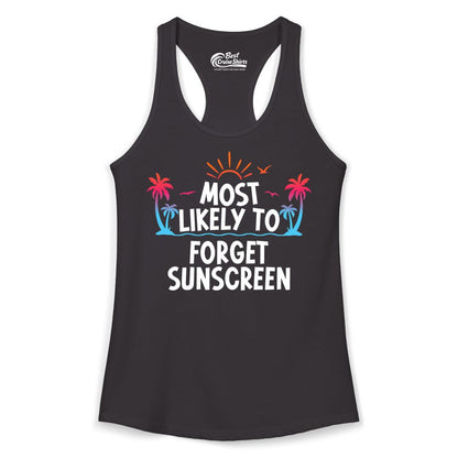 Most Likely to Forget Sunscreen Shirt - Funny Beach Vacation Tee (Ladies Tank) in Black - Most Likely To Forget Sunscreen Shirt - Funny Tropical Beach Sunset Tee
