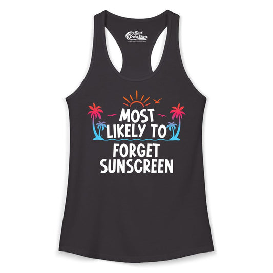 Most Likely to Forget Sunscreen Shirt - Funny Beach Vacation Tee (Ladies Tank) in Black - Most Likely To Forget Sunscreen Shirt - Funny Tropical Beach Sunset Tee