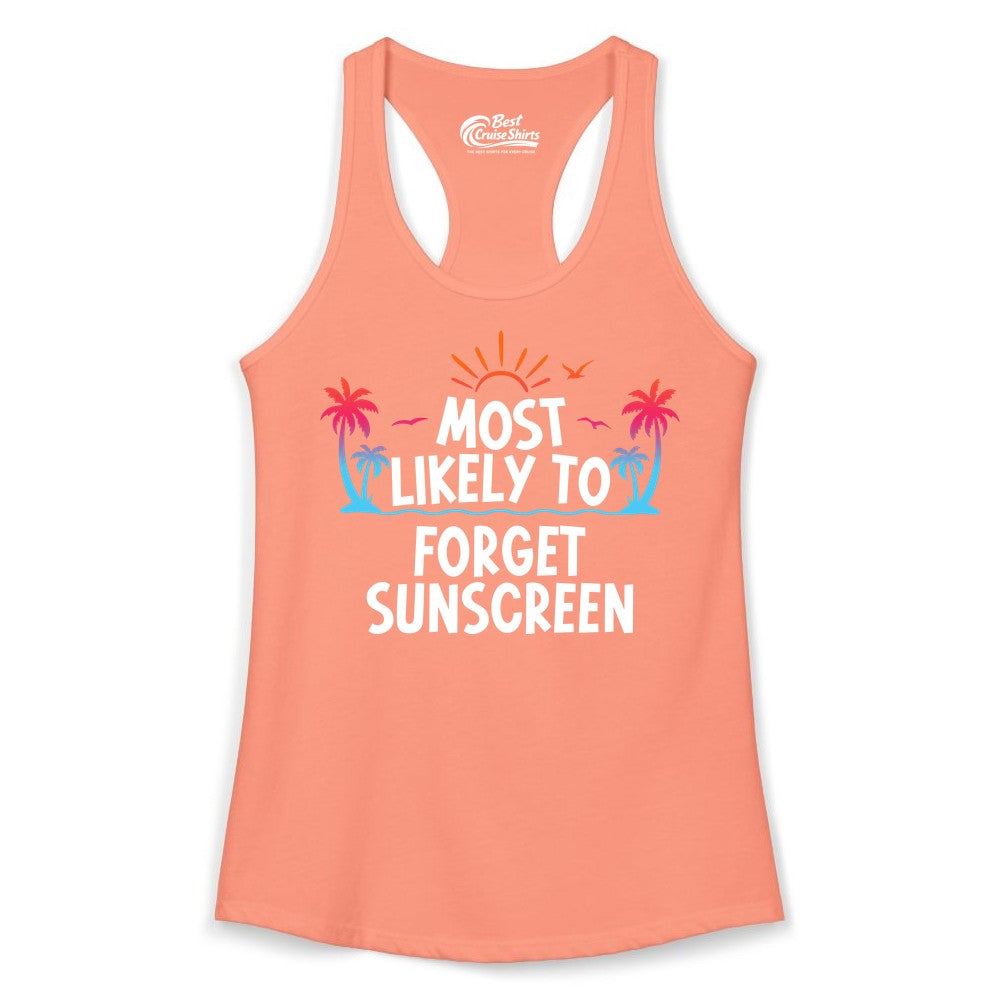 Most Likely to Forget Sunscreen Shirt - Funny Beach Vacation Tee (Ladies Tank) in Solid Light Orange - Most Likely To Forget Sunscreen Shirt - Funny Tropical Beach Sunset Tee