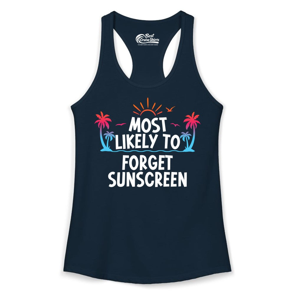 Most Likely to Forget Sunscreen Shirt - Funny Beach Vacation Tee (Ladies Tank) in Solid Midnight Navy - Most Likely To Forget Sunscreen Shirt - Funny Tropical Beach Sunset Tee