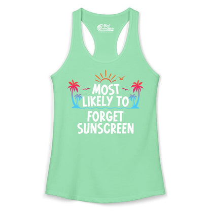 Most Likely to Forget Sunscreen Shirt - Funny Beach Vacation Tee (Ladies Tank) in Solid Mint - Most Likely To Forget Sunscreen Shirt - Funny Tropical Beach Sunset Tee