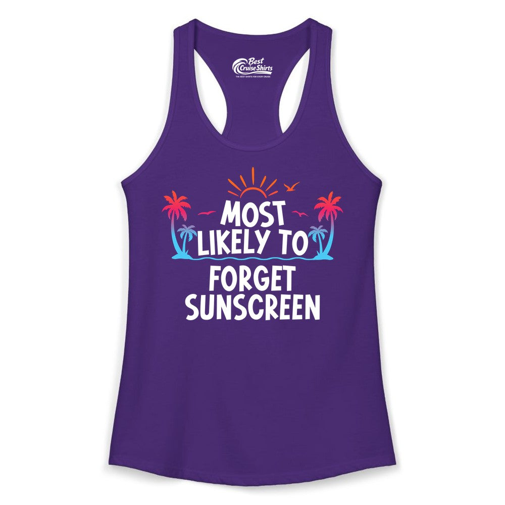 Most Likely to Forget Sunscreen Shirt - Funny Beach Vacation Tee (Ladies Tank) in Solid Purple Rush - Most Likely To Forget Sunscreen Shirt - Funny Tropical Beach Sunset Tee