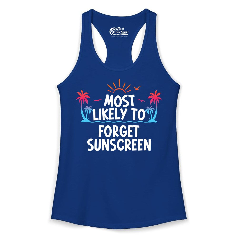 Most Likely to Forget Sunscreen Shirt - Funny Beach Vacation Tee (Ladies Tank) in Solid Royal - Most Likely To Forget Sunscreen Shirt - Funny Tropical Beach Sunset Tee