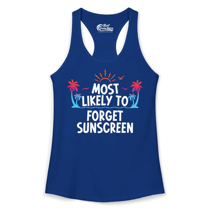 Most Likely to Forget Sunscreen Shirt - Funny Beach Vacation Tee (Ladies Tank) in Solid Royal - Most Likely To Forget Sunscreen Shirt - Funny Tropical Beach Sunset Tee
