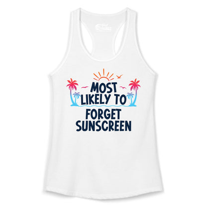 Most Likely to Forget Sunscreen Shirt - Funny Beach Vacation Tee (Ladies Tank) in White - Most Likely To Forget Sunscreen Shirt - Funny Tropical Beach Sunset Tee