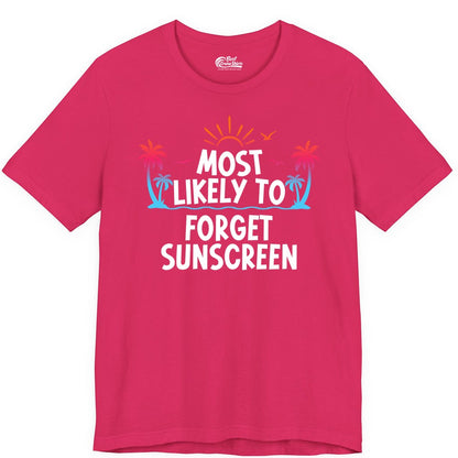 Most Likely to Forget Sunscreen Shirt - Funny Beach Vacation Tee (Premium Tee) in Fuchsia - Most Likely To Forget Sunscreen Shirt - Funny Tropical Beach Sunset Tee