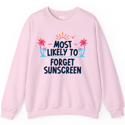 Most Likely to Forget Sunscreen Shirt - Funny Beach Vacation Tee (Sweatshirt) in Light Pink - Most Likely To Forget Sunscreen Shirt - Funny Tropical Beach Sunset Tee