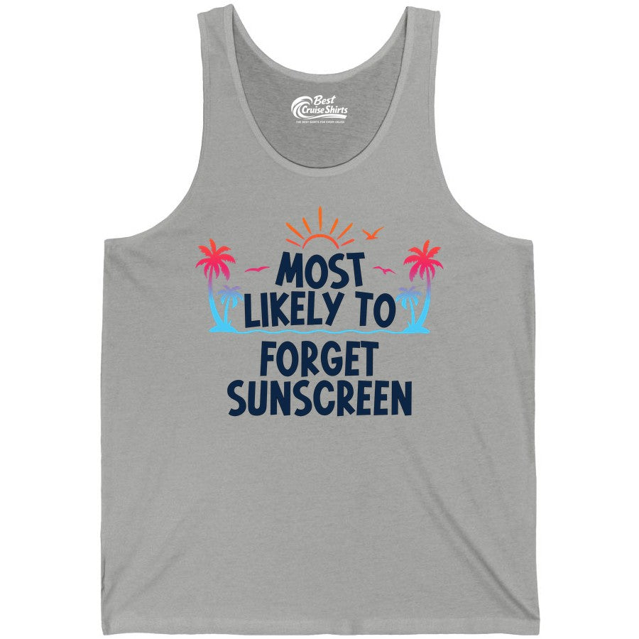 Most Likely to Forget Sunscreen Shirt - Funny Beach Vacation Tee (Tank Top) in Athletic Heather - Most Likely To Forget Sunscreen Shirt - Funny Tropical Beach Sunset Tee