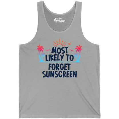 Most Likely to Forget Sunscreen Shirt - Funny Beach Vacation Tee (Tank Top) in Athletic Heather - Most Likely To Forget Sunscreen Shirt - Funny Tropical Beach Sunset Tee