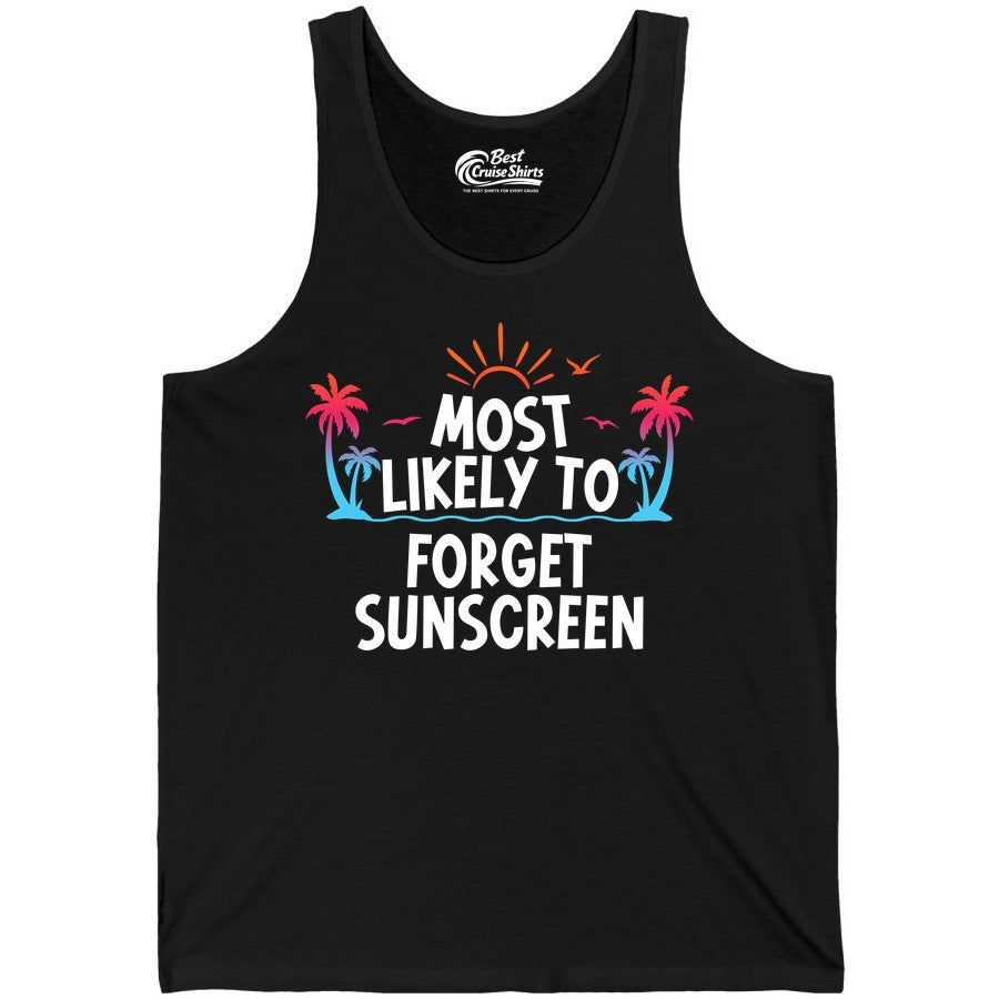 Most Likely to Forget Sunscreen Shirt - Funny Beach Vacation Tee (Tank Top) in Black - Most Likely To Forget Sunscreen Shirt - Funny Tropical Beach Sunset Tee