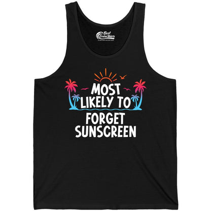 Most Likely to Forget Sunscreen Shirt - Funny Beach Vacation Tee (Tank Top) in Black - Most Likely To Forget Sunscreen Shirt - Funny Tropical Beach Sunset Tee