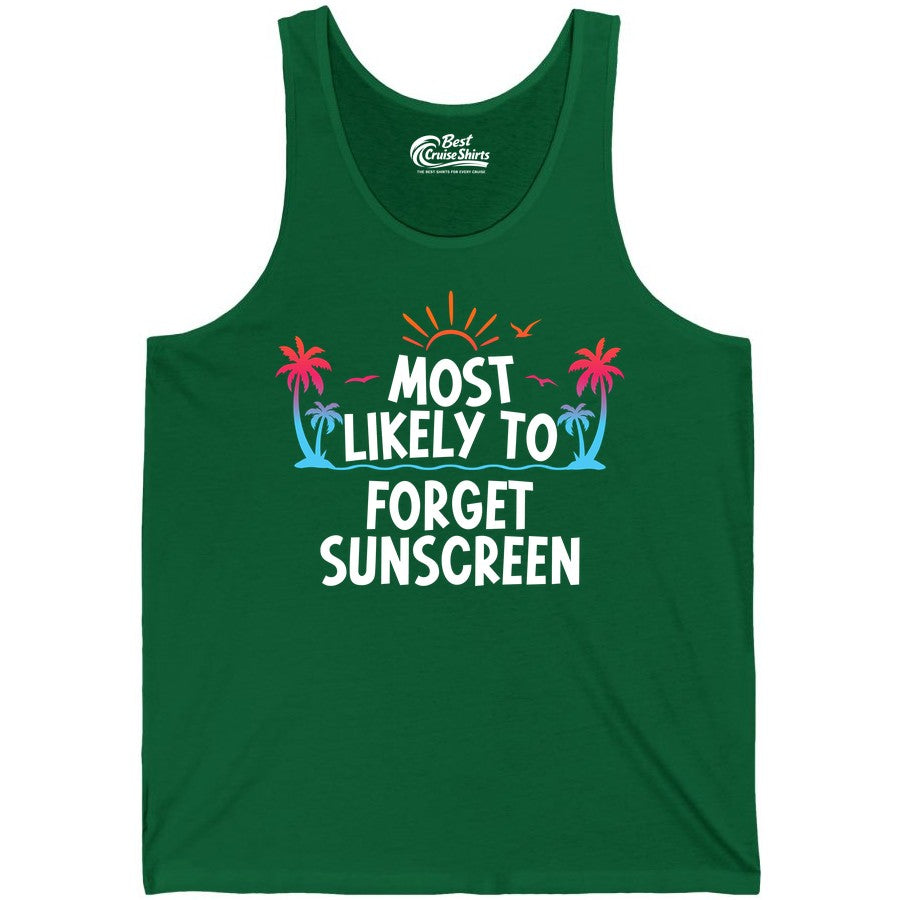 Most Likely to Forget Sunscreen Shirt - Funny Beach Vacation Tee (Tank Top) in Kelly - Most Likely To Forget Sunscreen Shirt - Funny Tropical Beach Sunset Tee