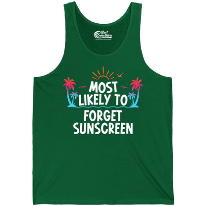 Most Likely to Forget Sunscreen Shirt - Funny Beach Vacation Tee (Tank Top) in Kelly - Most Likely To Forget Sunscreen Shirt - Funny Tropical Beach Sunset Tee