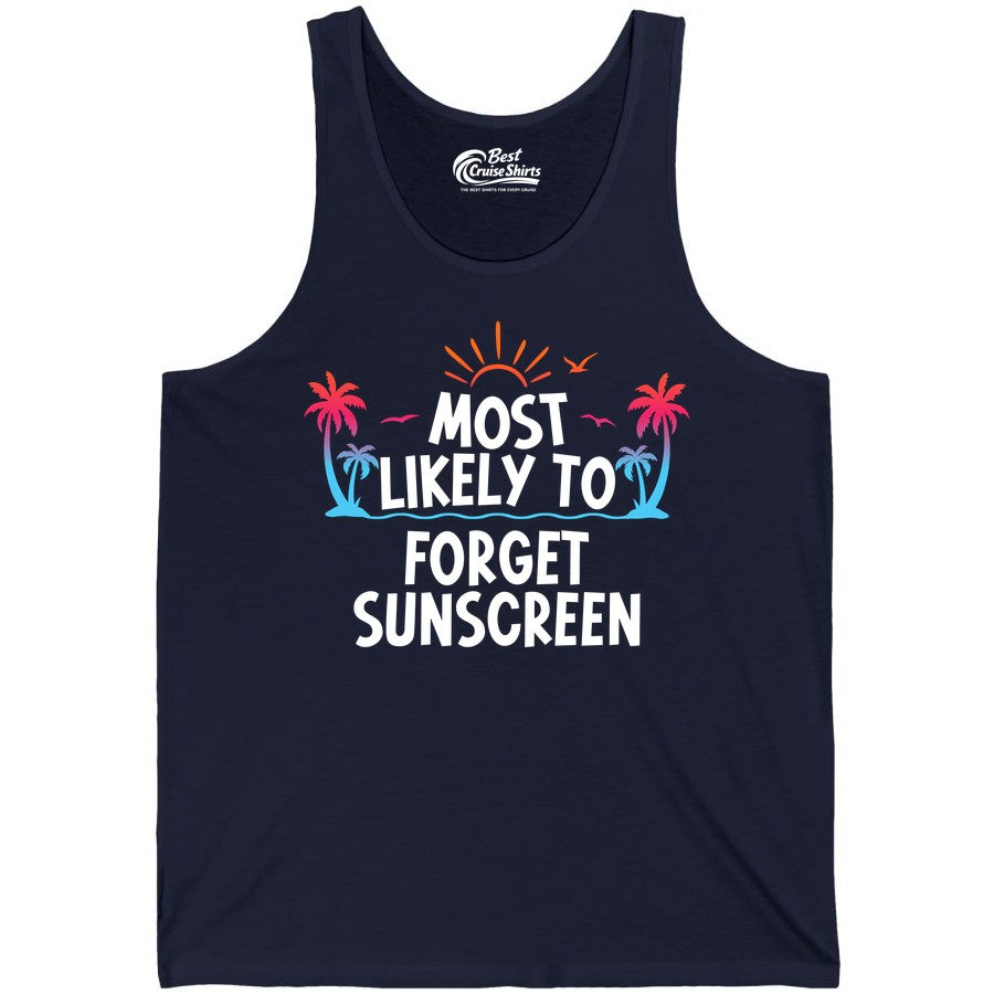 Most Likely to Forget Sunscreen Shirt - Funny Beach Vacation Tee (Tank Top) in Navy - Most Likely To Forget Sunscreen Shirt - Funny Tropical Beach Sunset Tee
