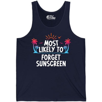 Most Likely to Forget Sunscreen Shirt - Funny Beach Vacation Tee (Tank Top) in Navy - Most Likely To Forget Sunscreen Shirt - Funny Tropical Beach Sunset Tee