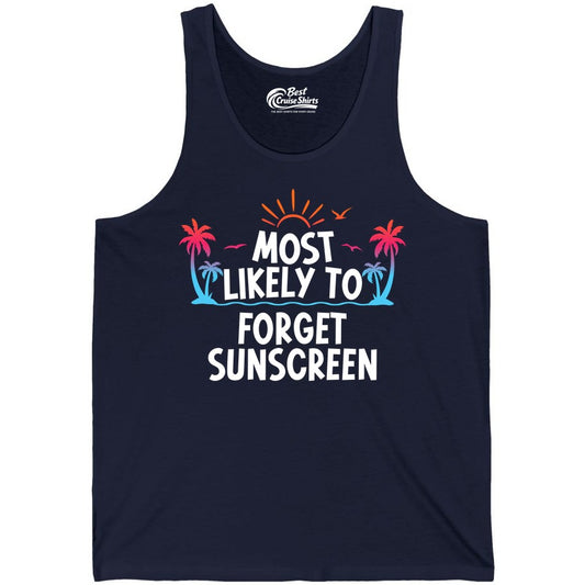 Most Likely to Forget Sunscreen Shirt - Funny Beach Vacation Tee (Tank Top) in Navy - Most Likely To Forget Sunscreen Shirt - Funny Tropical Beach Sunset Tee