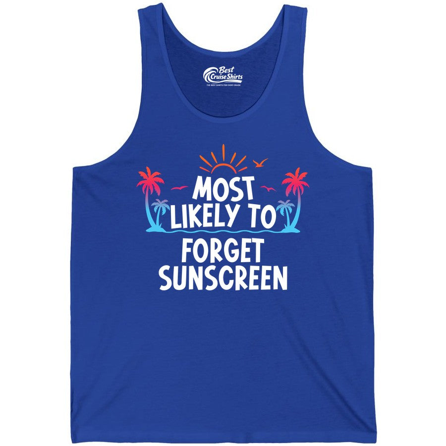 Most Likely to Forget Sunscreen Shirt - Funny Beach Vacation Tee (Tank Top) in True Royal - Most Likely To Forget Sunscreen Shirt - Funny Tropical Beach Sunset Tee