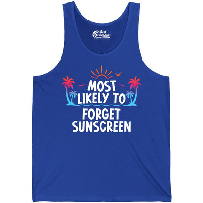 Most Likely to Forget Sunscreen Shirt - Funny Beach Vacation Tee (Tank Top) in True Royal - Most Likely To Forget Sunscreen Shirt - Funny Tropical Beach Sunset Tee