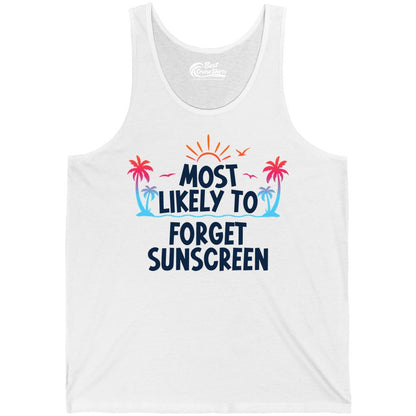 Most Likely to Forget Sunscreen Shirt - Funny Beach Vacation Tee (Tank Top) in White - Most Likely To Forget Sunscreen Shirt - Funny Tropical Beach Sunset Tee
