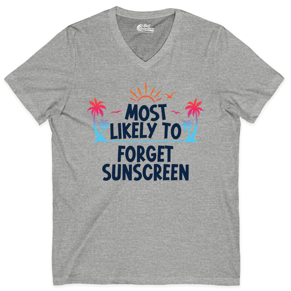 Most Likely to Forget Sunscreen Shirt - Funny Beach Vacation Tee (V-Neck) in Athletic Heather - Most Likely To Forget Sunscreen Shirt - Funny Tropical Beach Sunset Tee