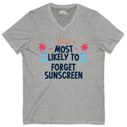 Most Likely to Forget Sunscreen Shirt - Funny Beach Vacation Tee (V-Neck) in Athletic Heather - Most Likely To Forget Sunscreen Shirt - Funny Tropical Beach Sunset Tee