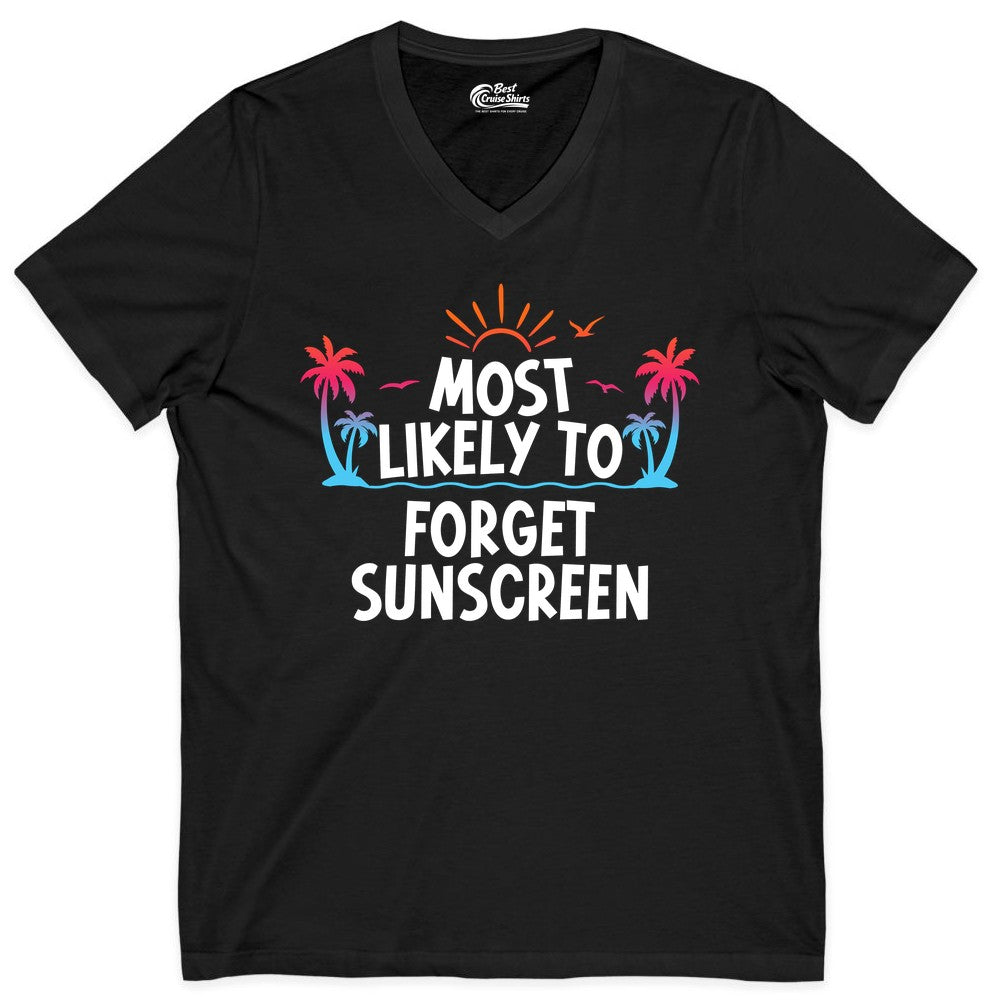 Most Likely to Forget Sunscreen Shirt - Funny Beach Vacation Tee (V-Neck) in Black - Most Likely To Forget Sunscreen Shirt - Funny Tropical Beach Sunset Tee
