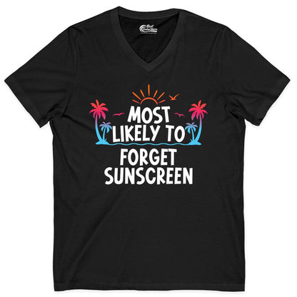 Most Likely to Forget Sunscreen Shirt - Funny Beach Vacation Tee (V-Neck) in Black - Most Likely To Forget Sunscreen Shirt - Funny Tropical Beach Sunset Tee