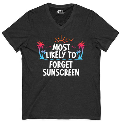 Most Likely to Forget Sunscreen Shirt - Funny Beach Vacation Tee (V-Neck) in Dark Grey Heather - Most Likely To Forget Sunscreen Shirt - Funny Tropical Beach Sunset Tee