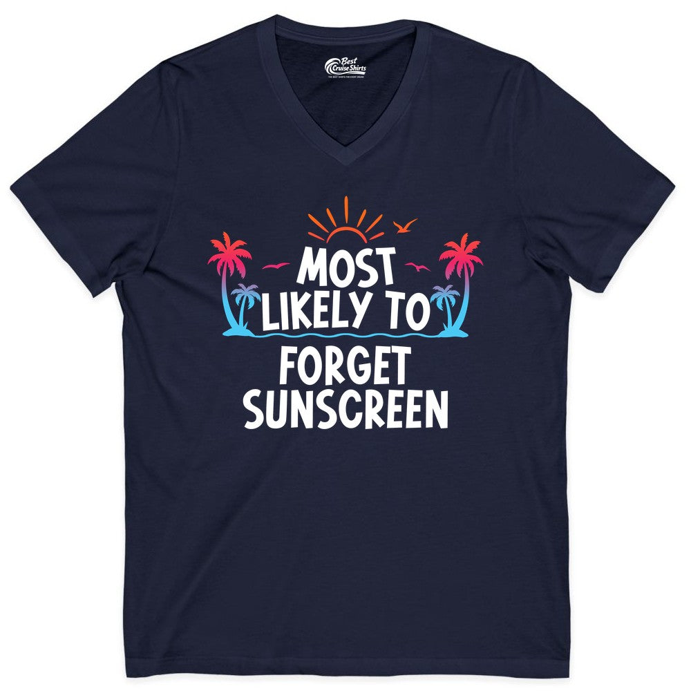 Most Likely to Forget Sunscreen Shirt - Funny Beach Vacation Tee (V-Neck) in Navy - Most Likely To Forget Sunscreen Shirt - Funny Tropical Beach Sunset Tee