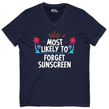 Most Likely to Forget Sunscreen Shirt - Funny Beach Vacation Tee (V-Neck) in Navy - Most Likely To Forget Sunscreen Shirt - Funny Tropical Beach Sunset Tee