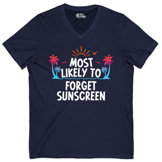 Most Likely to Forget Sunscreen Shirt - Funny Beach Vacation Tee (V-Neck) in Navy - Most Likely To Forget Sunscreen Shirt - Funny Tropical Beach Sunset Tee