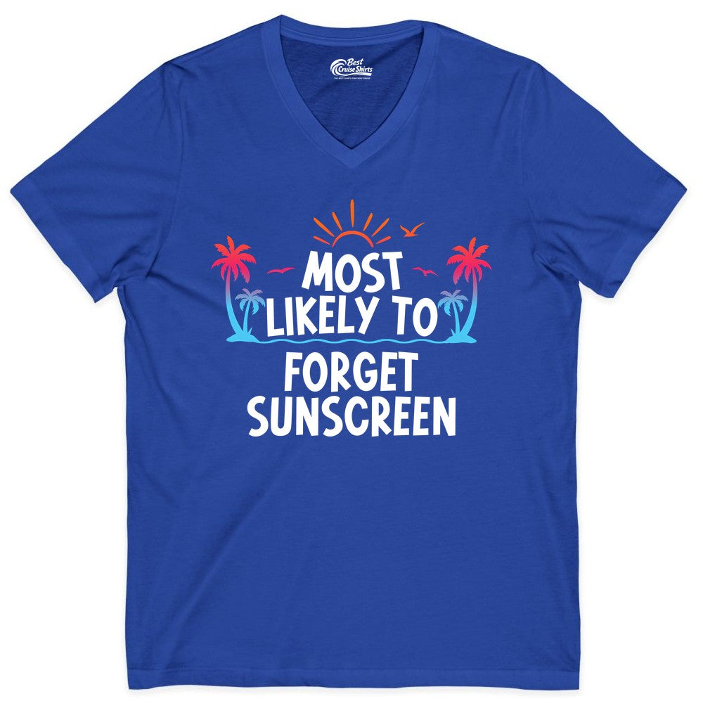 Most Likely to Forget Sunscreen Shirt - Funny Beach Vacation Tee (V-Neck) in True Royal - Most Likely To Forget Sunscreen Shirt - Funny Tropical Beach Sunset Tee