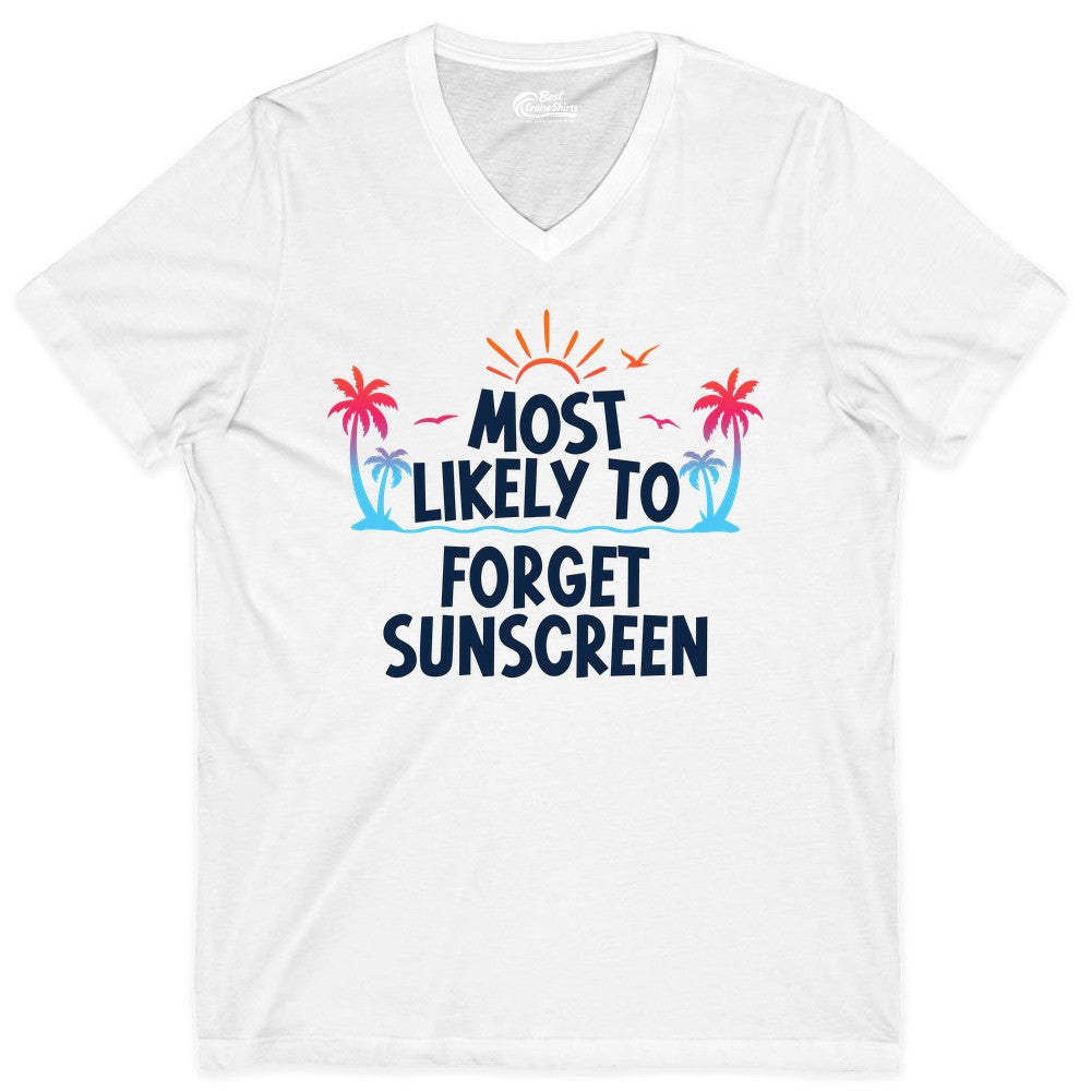 Most Likely to Forget Sunscreen Shirt - Funny Beach Vacation Tee (V-Neck) in White - Most Likely To Forget Sunscreen Shirt - Funny Tropical Beach Sunset Tee