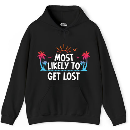 Most Likely To Get Lost Shirt - Funny Vacation Group Trip Tee (Hoodie) in Black - Most Likely To Get Lost Shirt - Tropical Palm Beach Sunrise Tee