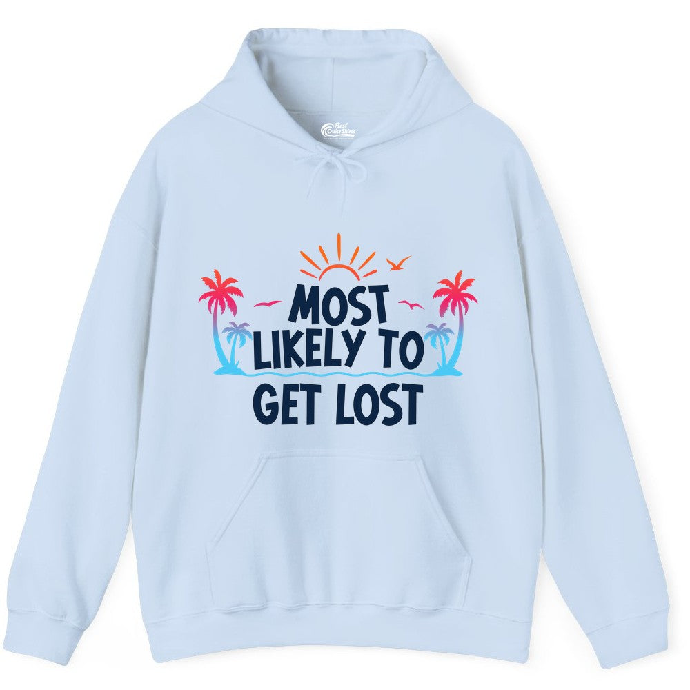Most Likely To Get Lost Shirt - Funny Vacation Group Trip Tee (Hoodie) in Light Blue - Most Likely To Get Lost Shirt - Tropical Palm Beach Sunrise Tee