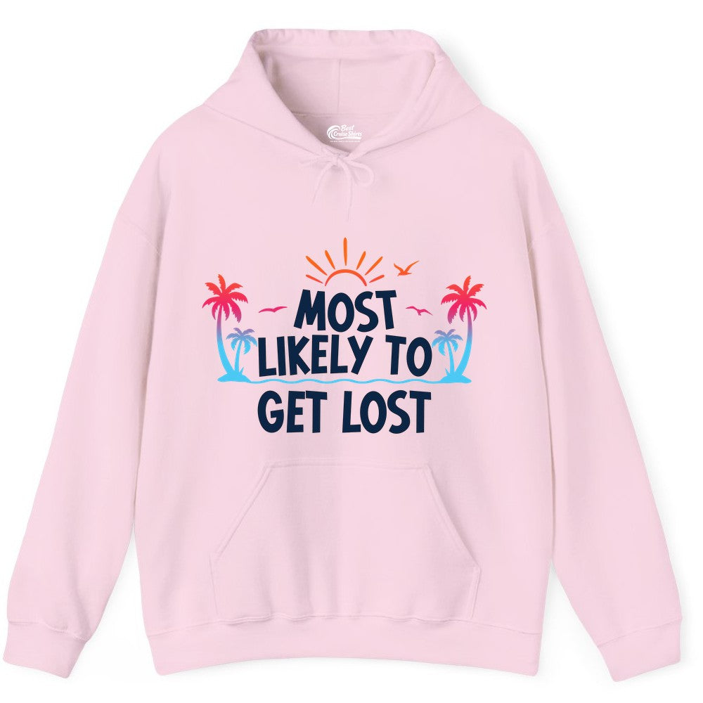 Most Likely To Get Lost Shirt - Funny Vacation Group Trip Tee (Hoodie) in Light Pink - Most Likely To Get Lost Shirt - Tropical Palm Beach Sunrise Tee