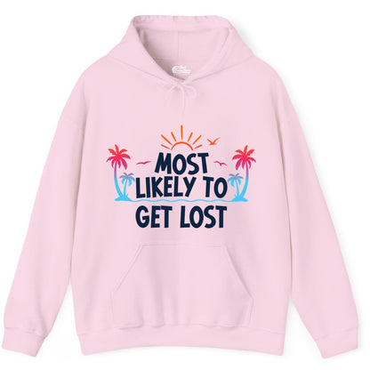 Most Likely To Get Lost Shirt - Funny Vacation Group Trip Tee (Hoodie) in Light Pink - Most Likely To Get Lost Shirt - Tropical Palm Beach Sunrise Tee