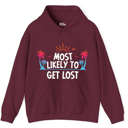 Most Likely To Get Lost Shirt - Funny Vacation Group Trip Tee (Hoodie) in Maroon - Most Likely To Get Lost Shirt - Tropical Palm Beach Sunrise Tee