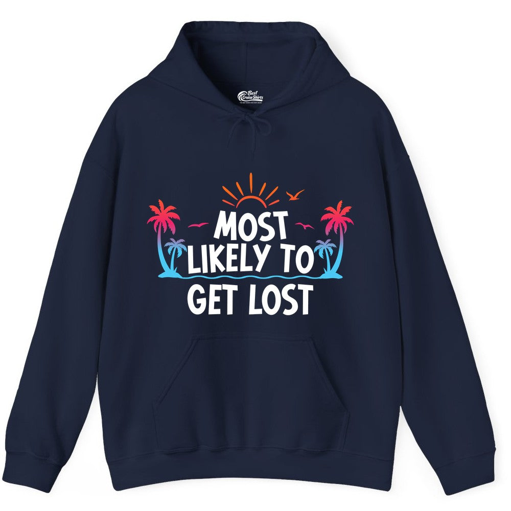 Most Likely To Get Lost Shirt - Funny Vacation Group Trip Tee (Hoodie) in Navy - Most Likely To Get Lost Shirt - Tropical Palm Beach Sunrise Tee