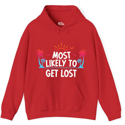 Most Likely To Get Lost Shirt - Funny Vacation Group Trip Tee (Hoodie) in Red - Most Likely To Get Lost Shirt - Tropical Palm Beach Sunrise Tee