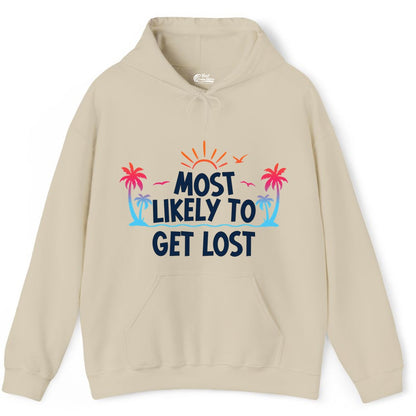 Most Likely To Get Lost Shirt - Funny Vacation Group Trip Tee (Hoodie) in Sand - Most Likely To Get Lost Shirt - Tropical Palm Beach Sunrise Tee