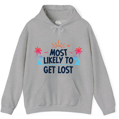 Most Likely To Get Lost Shirt - Funny Vacation Group Trip Tee (Hoodie) in Sport Grey - Most Likely To Get Lost Shirt - Tropical Palm Beach Sunrise Tee