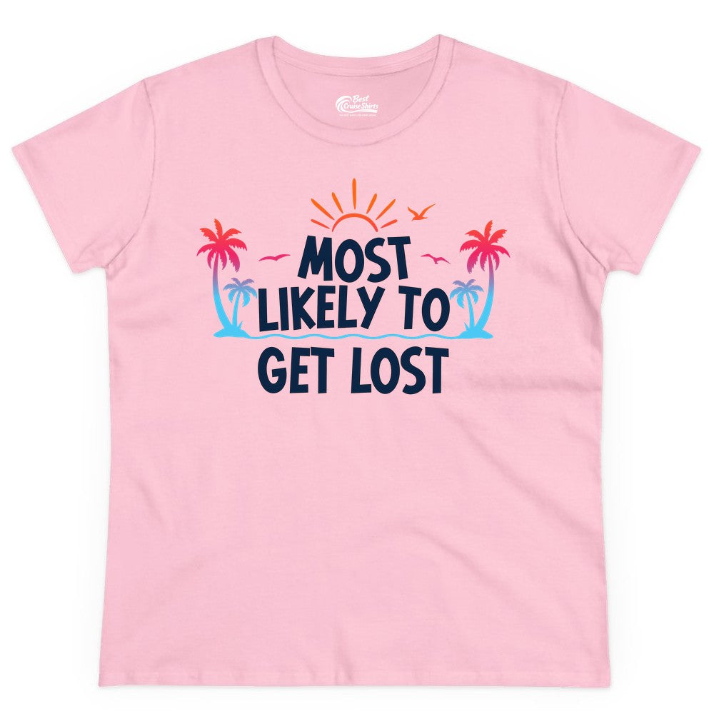 Most Likely To Get Lost Shirt - Funny Vacation Group Trip Tee (Ladies Tee) in Light Pink - Most Likely To Get Lost Shirt - Tropical Palm Beach Sunrise Tee