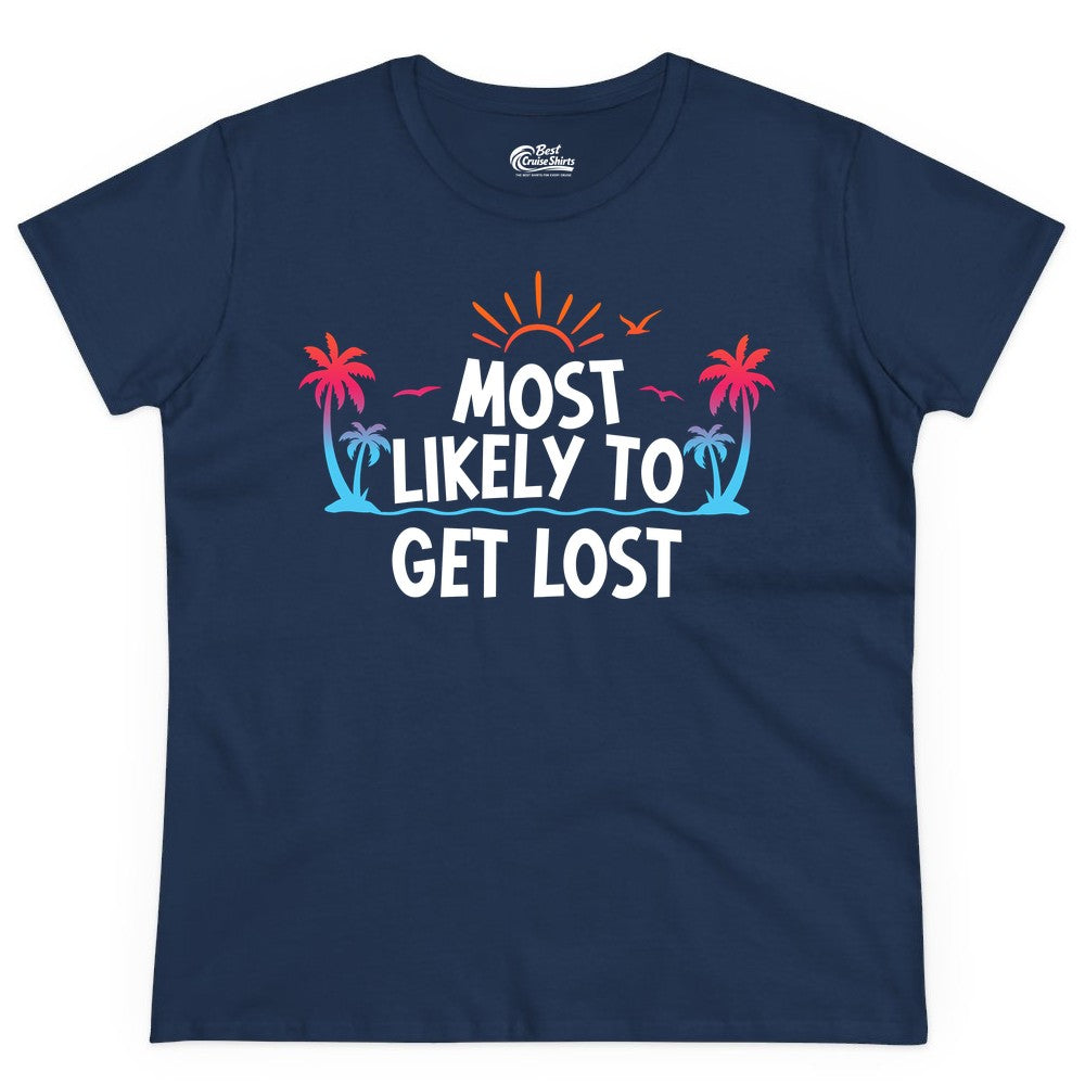 Most Likely To Get Lost Shirt - Funny Vacation Group Trip Tee (Ladies Tee) in Navy - Most Likely To Get Lost Shirt - Tropical Palm Beach Sunrise Tee