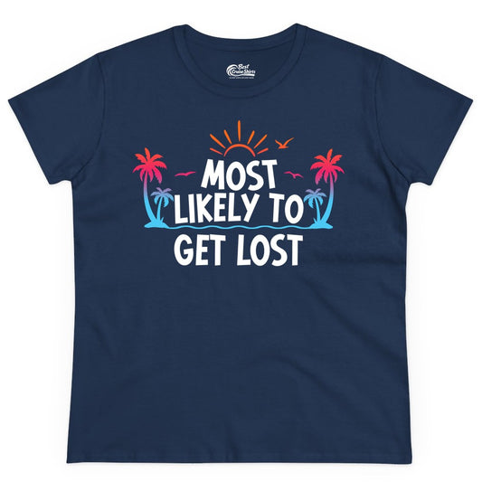 Most Likely To Get Lost Shirt - Funny Vacation Group Trip Tee (Ladies Tee) in Navy - Most Likely To Get Lost Shirt - Tropical Palm Beach Sunrise Tee