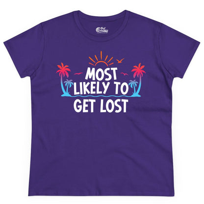 Most Likely To Get Lost Shirt - Funny Vacation Group Trip Tee (Ladies Tee) in Purple - Most Likely To Get Lost Shirt - Tropical Palm Beach Sunrise Tee