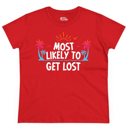 Most Likely To Get Lost Shirt - Funny Vacation Group Trip Tee (Ladies Tee) in Red - Most Likely To Get Lost Shirt - Tropical Palm Beach Sunrise Tee