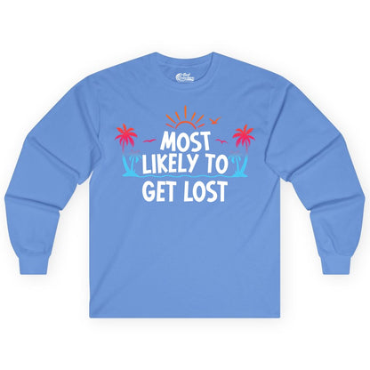 Most Likely To Get Lost Shirt - Funny Vacation Group Trip Tee (Long Sleeve) in Carolina Blue - Most Likely To Get Lost Shirt - Tropical Palm Beach Sunrise Tee