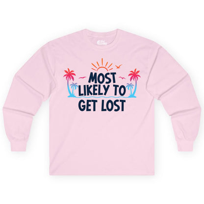 Most Likely To Get Lost Shirt - Funny Vacation Group Trip Tee (Long Sleeve) in Light Pink - Most Likely To Get Lost Shirt - Tropical Palm Beach Sunrise Tee